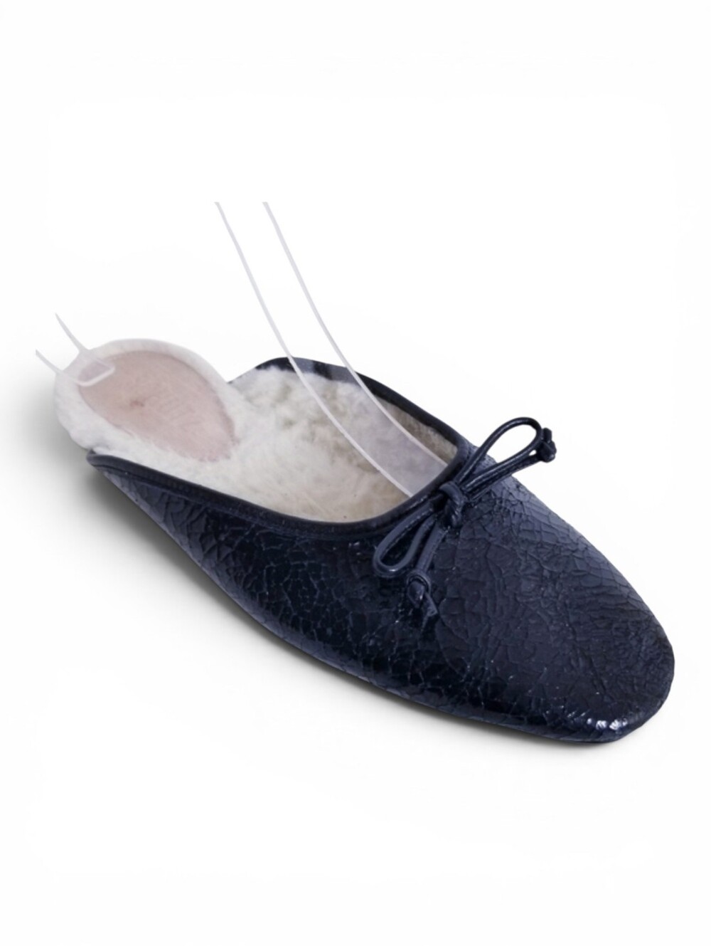 Schutz Mules Sz 7 Crackled Black Ballet Slide Shearling Lined Bow Flat Shoes